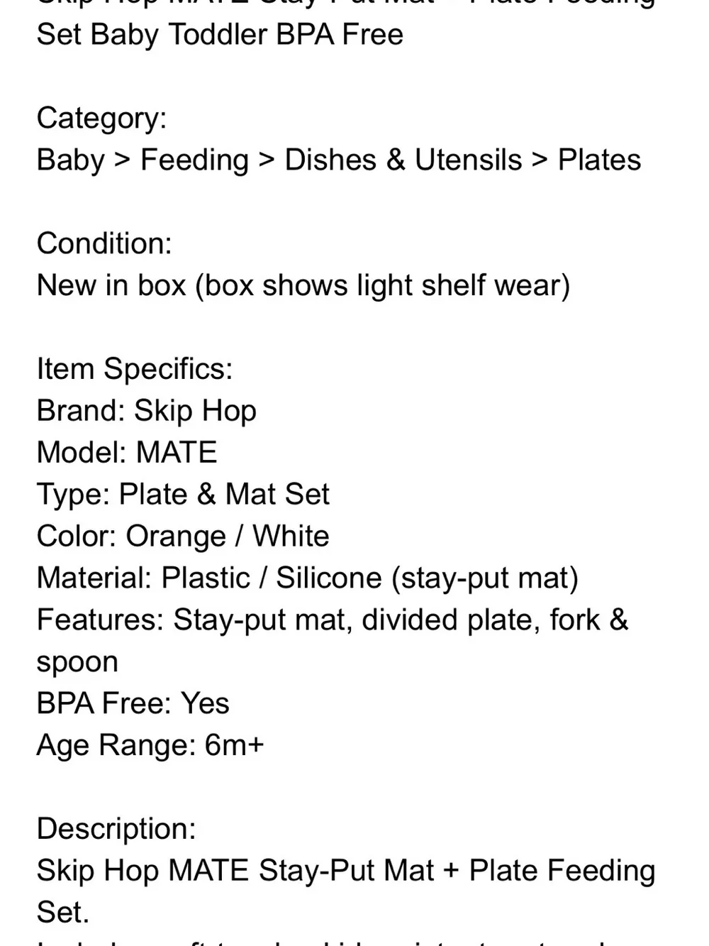 Orange Skip Hop MATE Stay-Put Mat + Plate Feeding Set Baby Toddler BPA Free